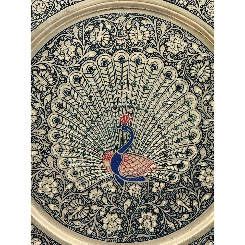 Vintage 9.5 Inch Brass Decorative Plate Hand-Engraved Peacock Design Wall Art